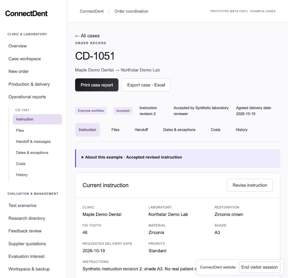 ConnectDent sample case workspace showing the current instruction and accepted revision